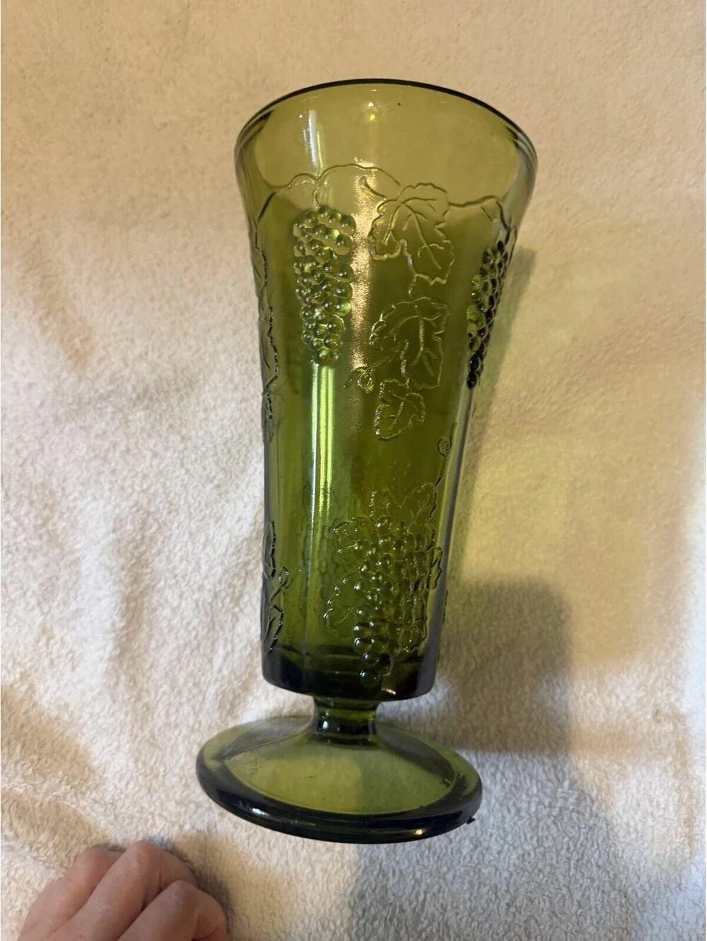 Indiana Glass Vintage Footed Green Vase with Grapes Leaves